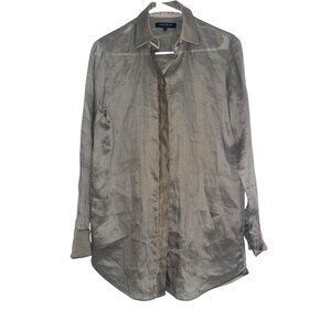 Lafayette 148 New York Womens Long Button-Up Shirt P Taupe Ramie/Tencel